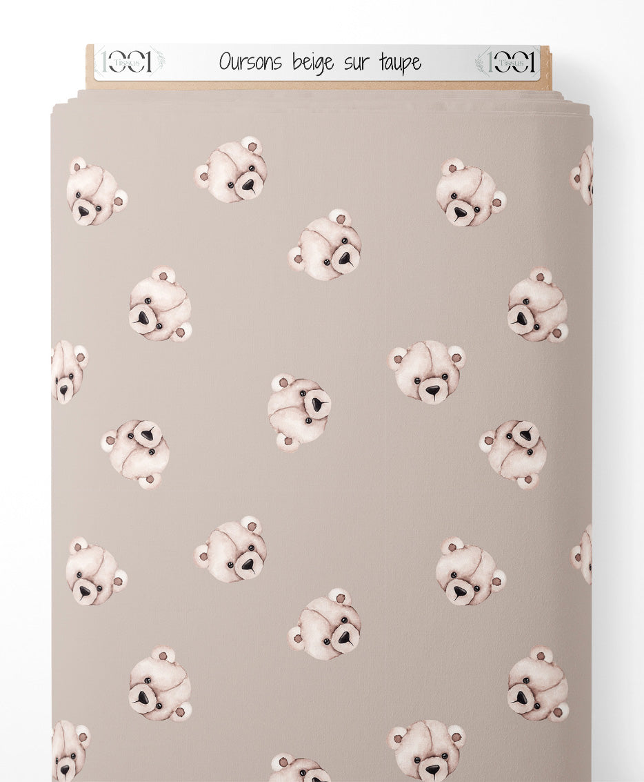 Tissu - Oursons beige sur taupe