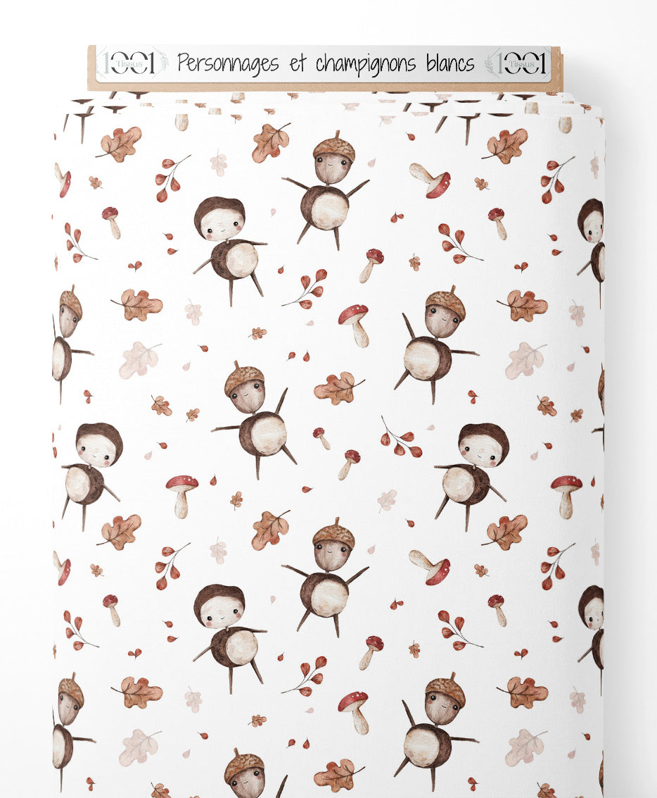 Tissu - Personnages et champignons blancs