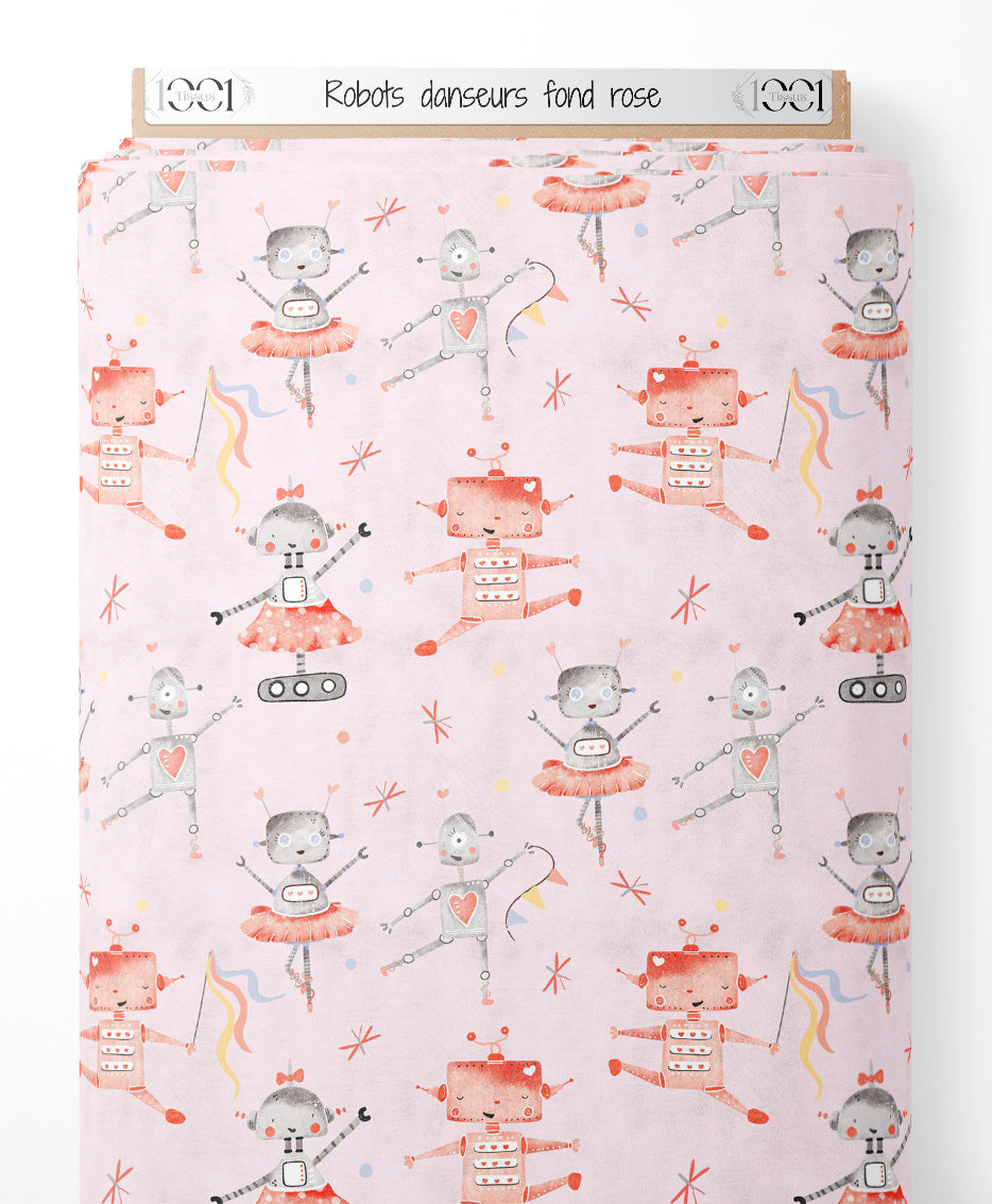 Tissu - Robots danseurs sur fond rose