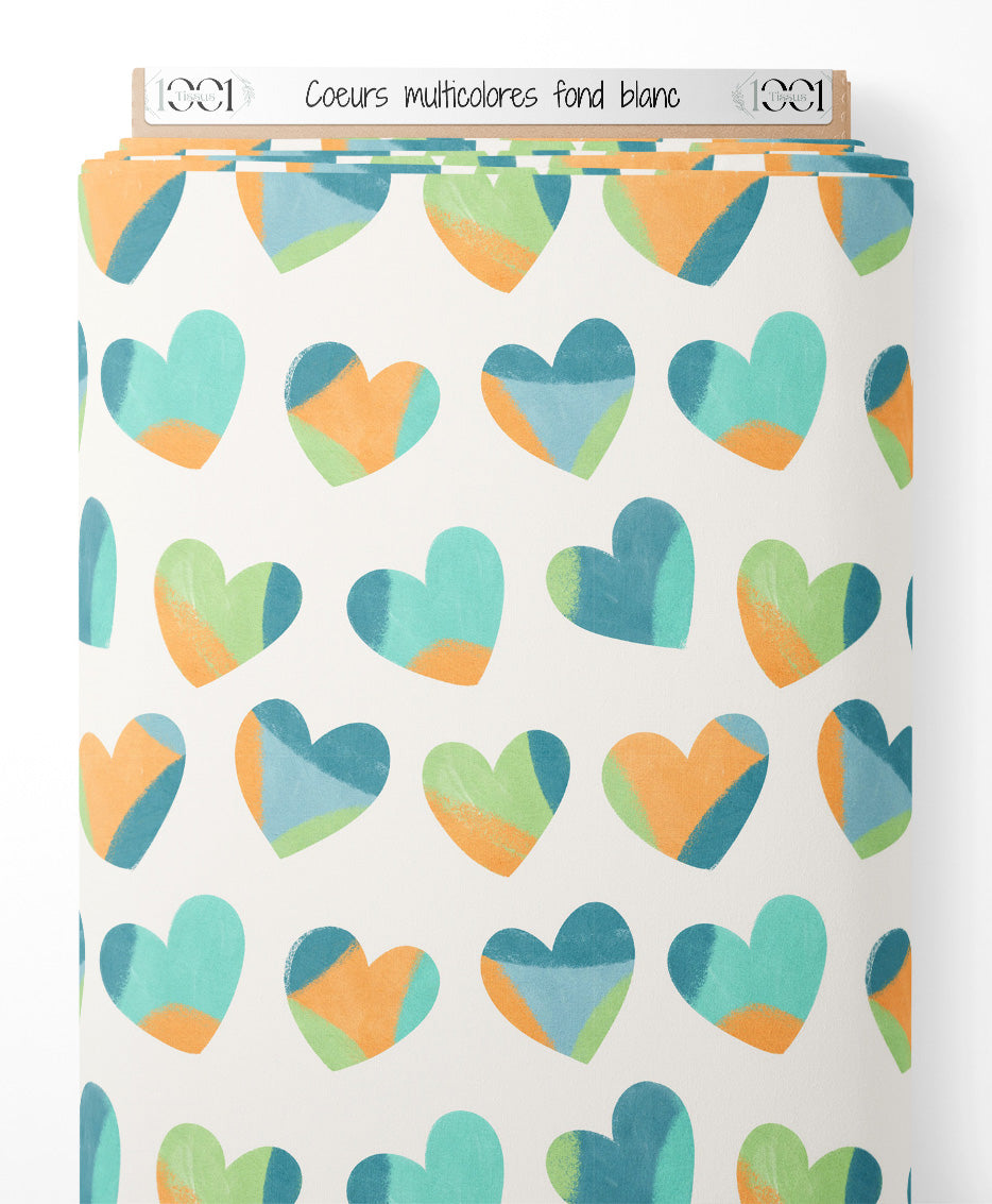 Tissu - Cœurs multicolores sur fond blanc