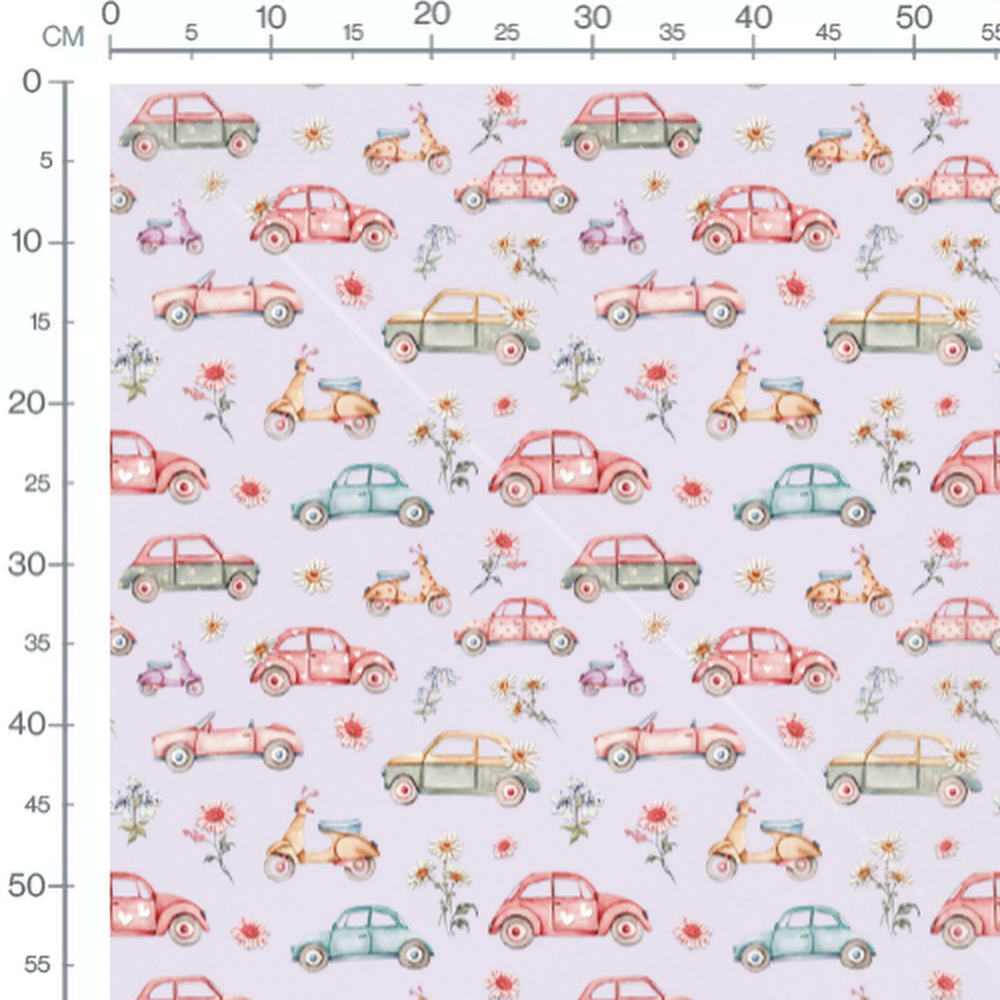 Tissu - Voitures pastel sur lilas
