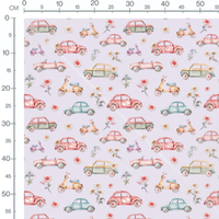 Tissu - Voitures pastel sur lilas