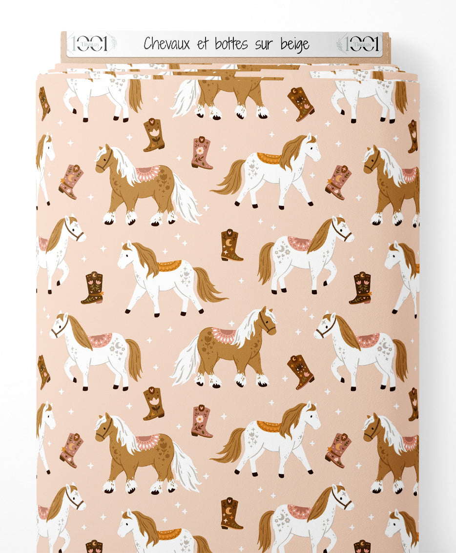 Tissu - Chevaux et bottes sur beige