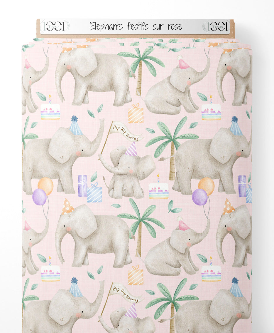 Tissu - Éléphants festifs sur rose