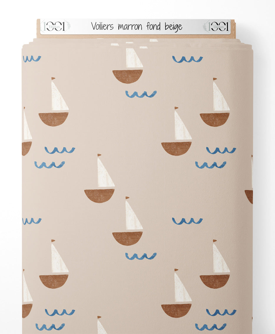 Tissu - Voiliers marron sur fond beige