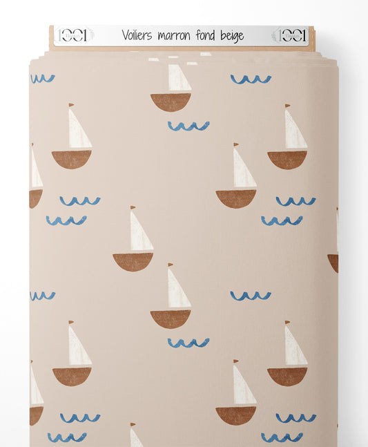 Tissu - Voiliers marron sur fond beige