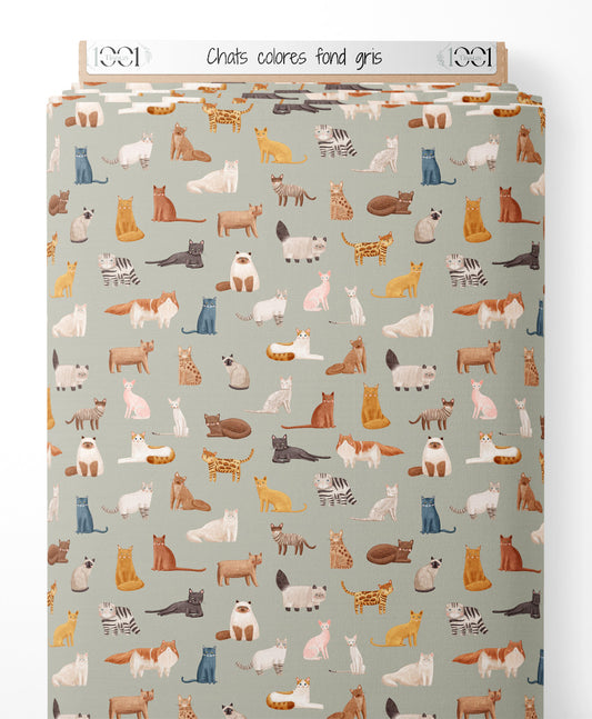 Tissu - Chats colorés sur fond gris
