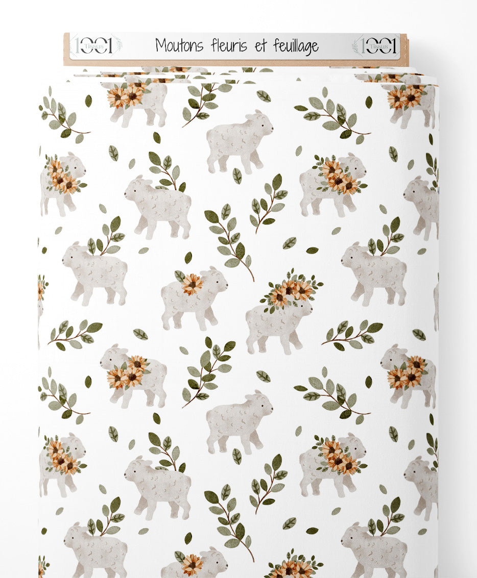 Tissu - Moutons fleuris et feuillage