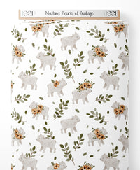 Tissu - Moutons fleuris et feuillage