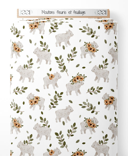 Tissu - Moutons fleuris et feuillage