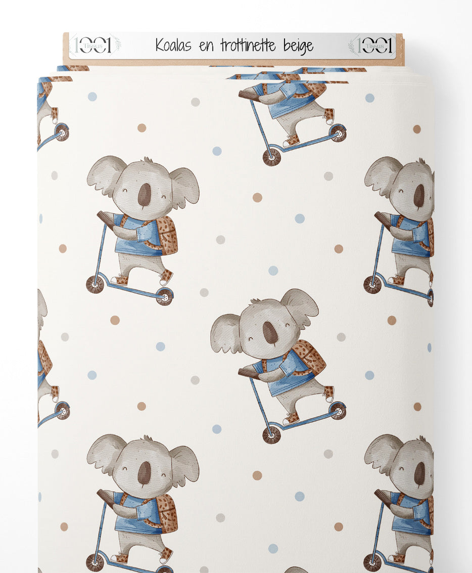Tissu - Koalas en trottinette beige