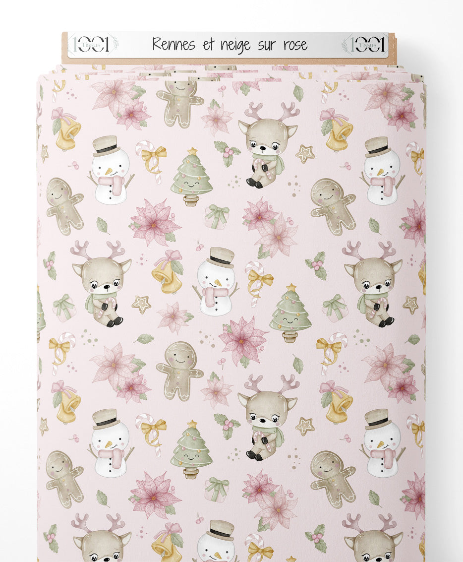 Tissu - Rennes et neige sur rose