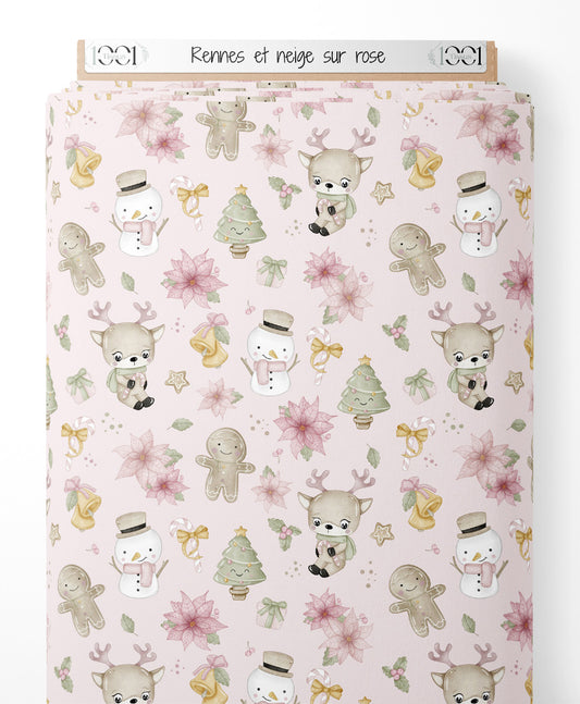 Tissu - Rennes et neige sur rose