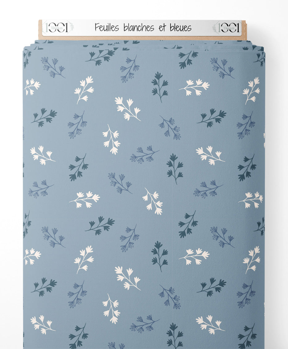 Tissu - Feuilles blanches et bleues