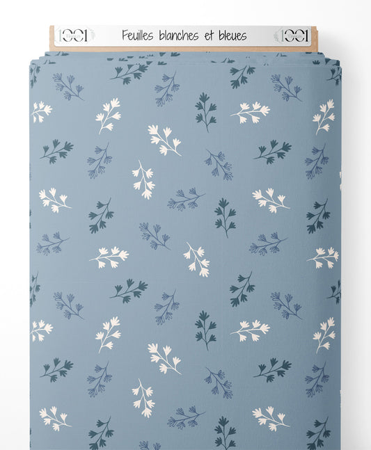 Tissu - Feuilles blanches et bleues