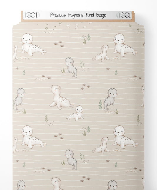 Tissu - Phoques mignons sur fond beige