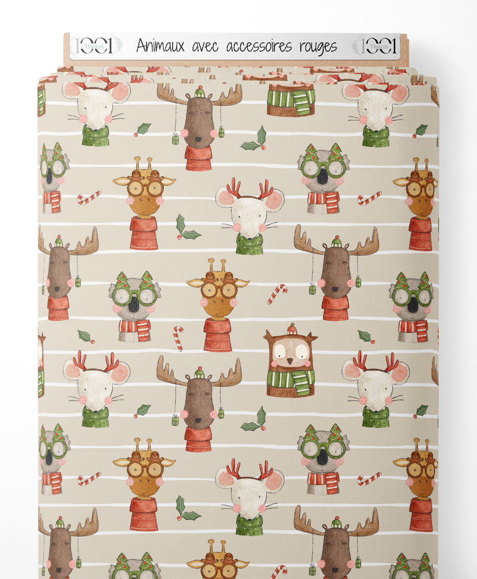 Tissu - Animaux avec accessoires rouges