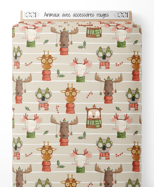 Tissu - Animaux avec accessoires rouges