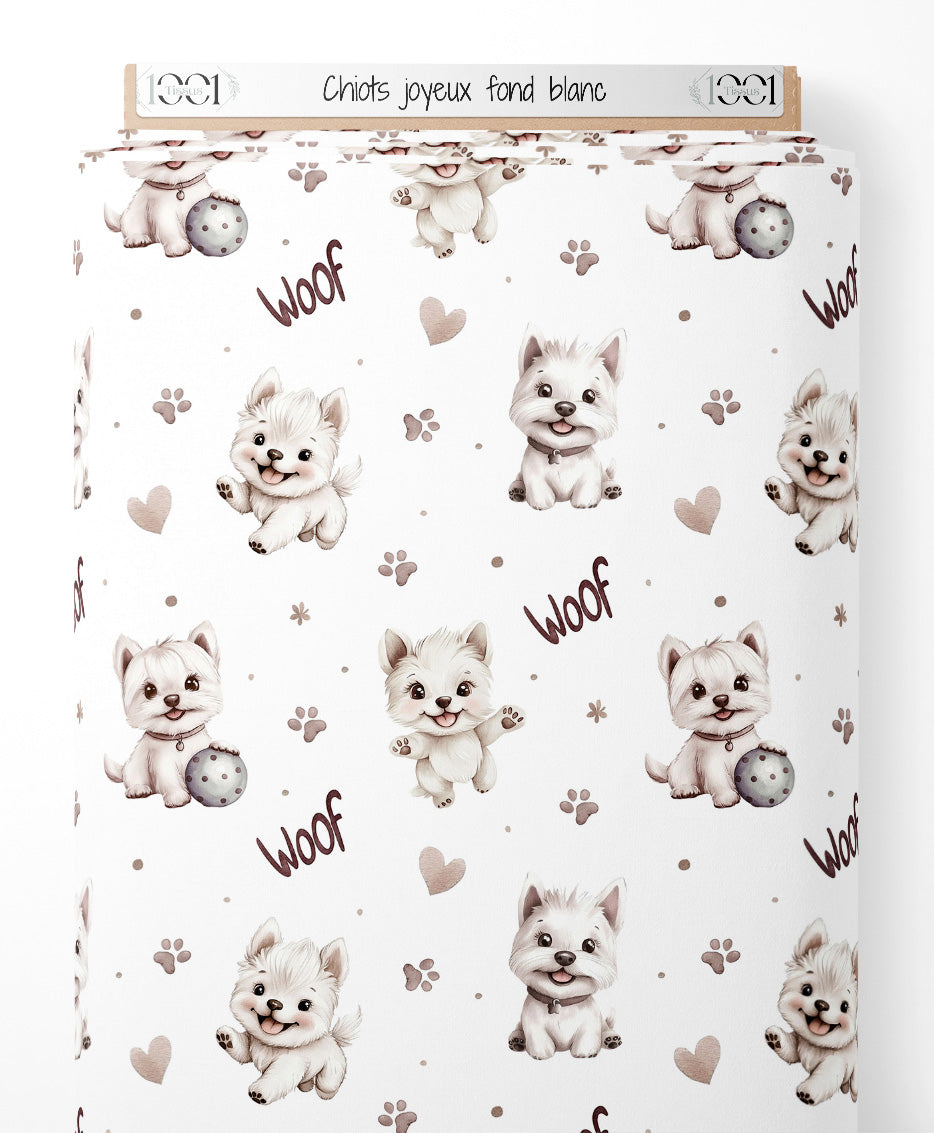 Tissu - Chiots joyeux sur fond blanc