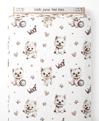 Tissu - Chiots joyeux sur fond blanc