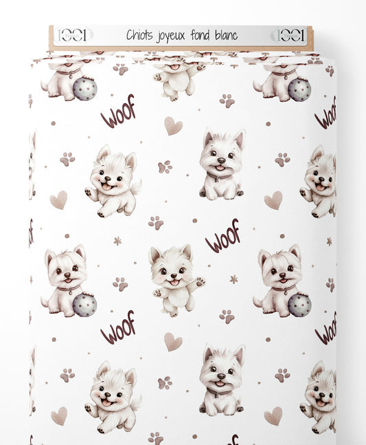 Tissu - Chiots joyeux sur fond blanc