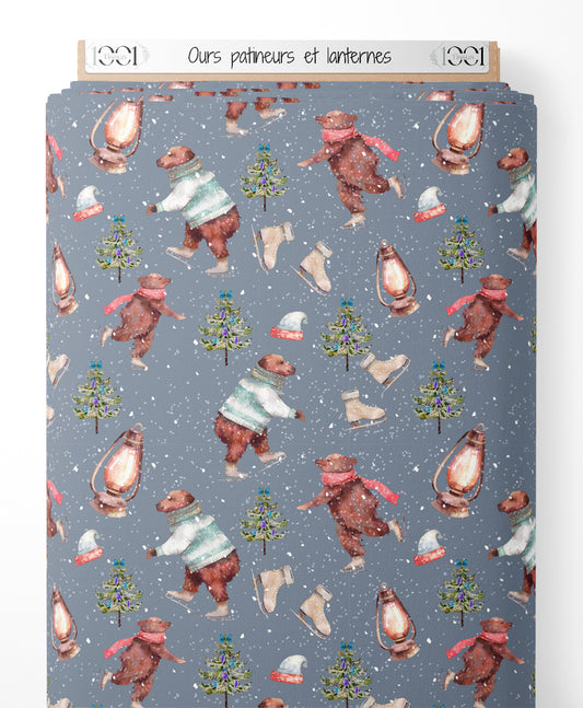 Tissu - Ours patineurs et lanternes