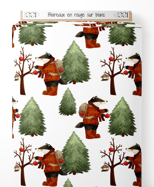 Tissu - Blaireaux en rouge sur blanc