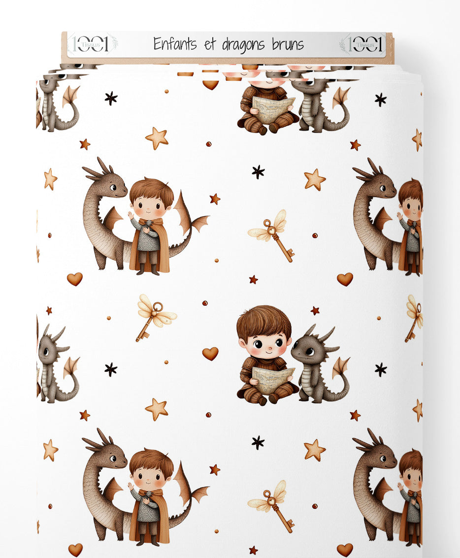 Tissu - Enfants et dragons bruns