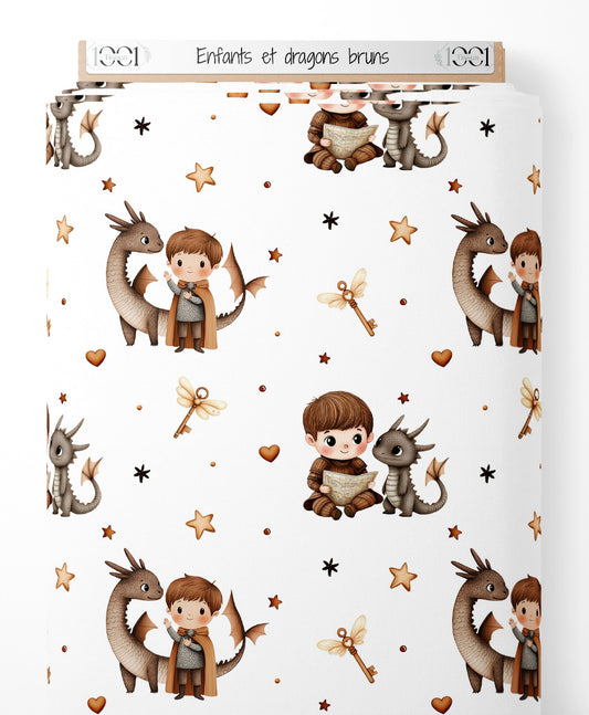 Tissu - Enfants et dragons bruns