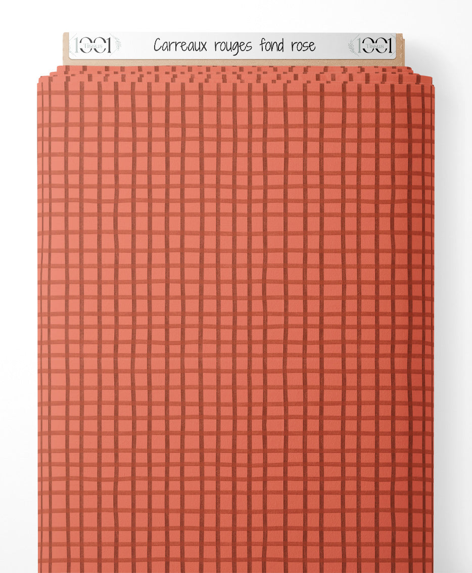 Tissu - Carreaux rouges sur fond rose