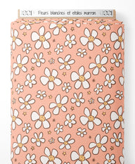Tissu - Fleurs blanches et étoiles marron