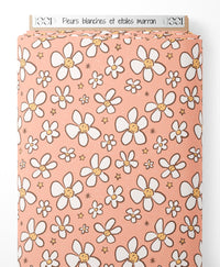 Tissu - Fleurs blanches et étoiles marron