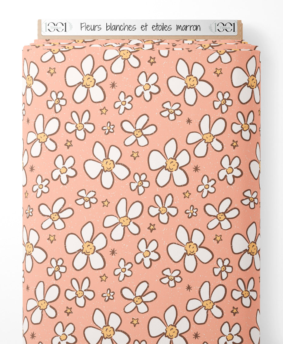 Tissu - Fleurs blanches et étoiles marron