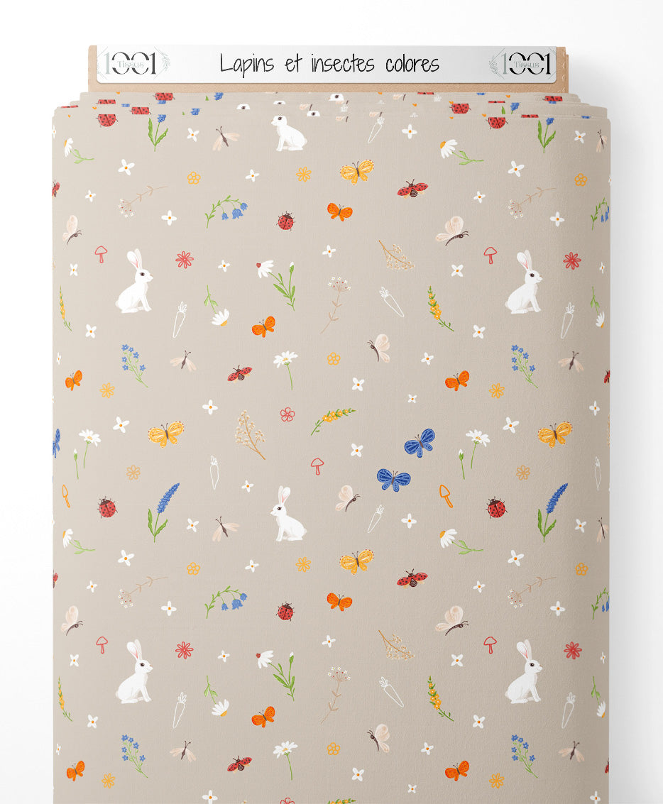 Tissu - Lapins et insectes colorés