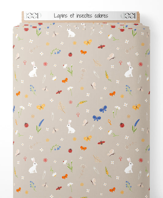 Tissu - Lapins et insectes colorés