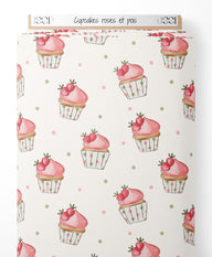 Tissu - Cupcakes roses et pois