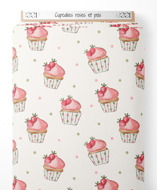 Tissu - Cupcakes roses et pois