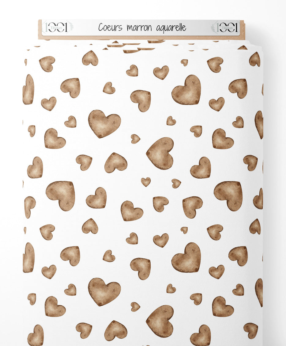 Tissu - Cœurs marron aquarelle