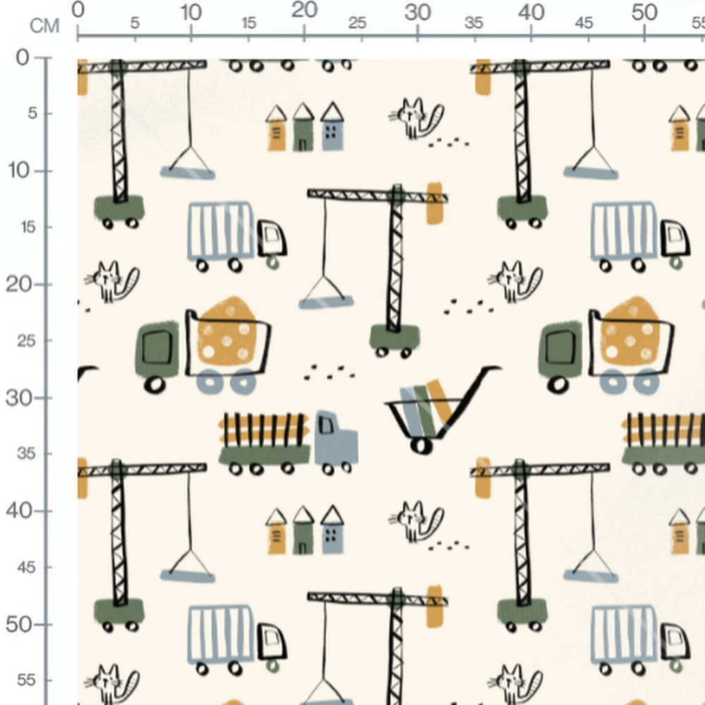 Tissu - Grues et camions dessinés