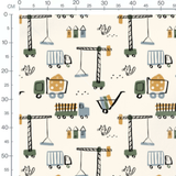 Tissu - Grues et camions dessinés