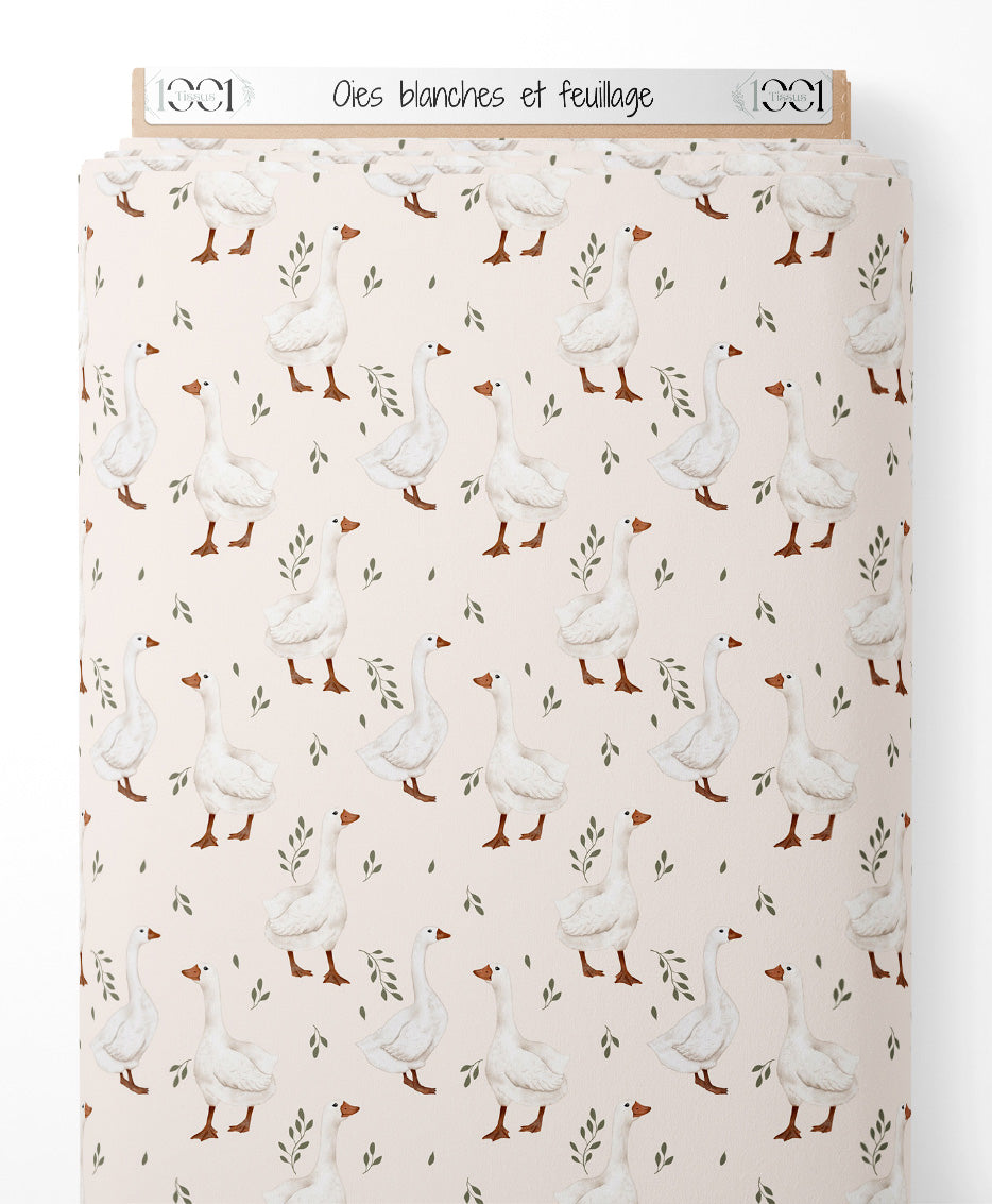 Tissu - Oies blanches et feuillage