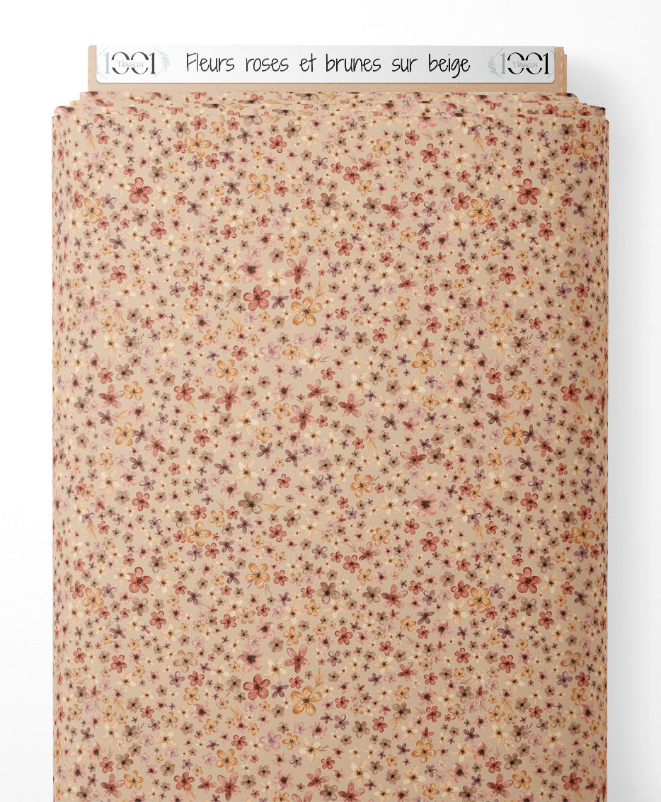 Tissu - Fleurs roses et brunes sur beige