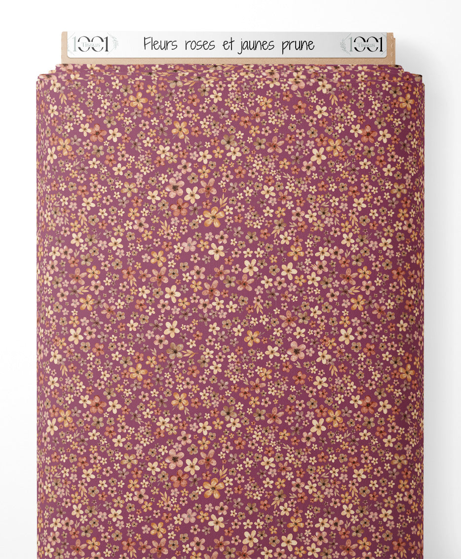 Tissu - Fleurs roses et jaunes prune
