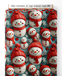 Tissu - bonhommes de neige chapeaux rouges 3D