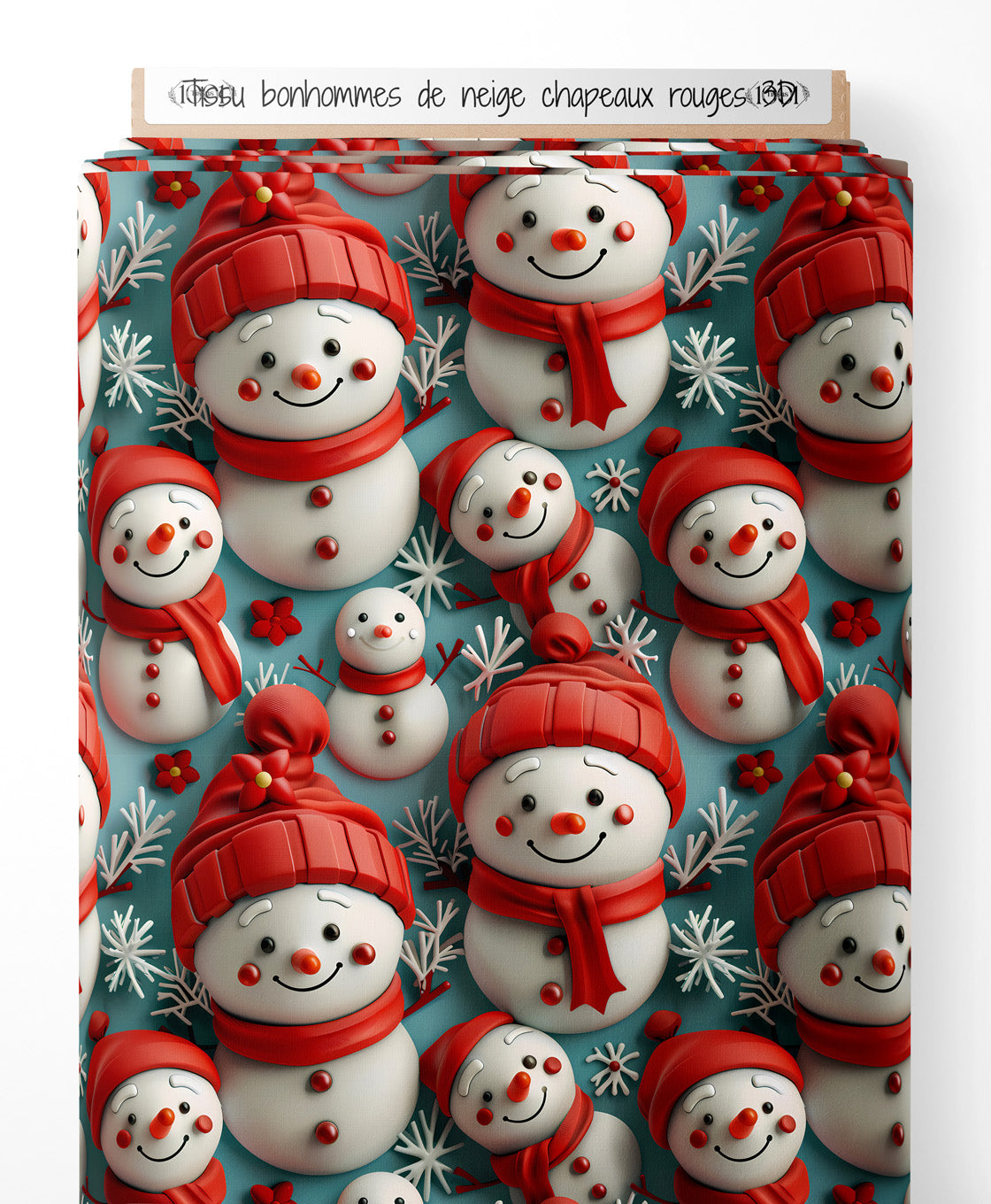 Tissu - bonhommes de neige chapeaux rouges 3D