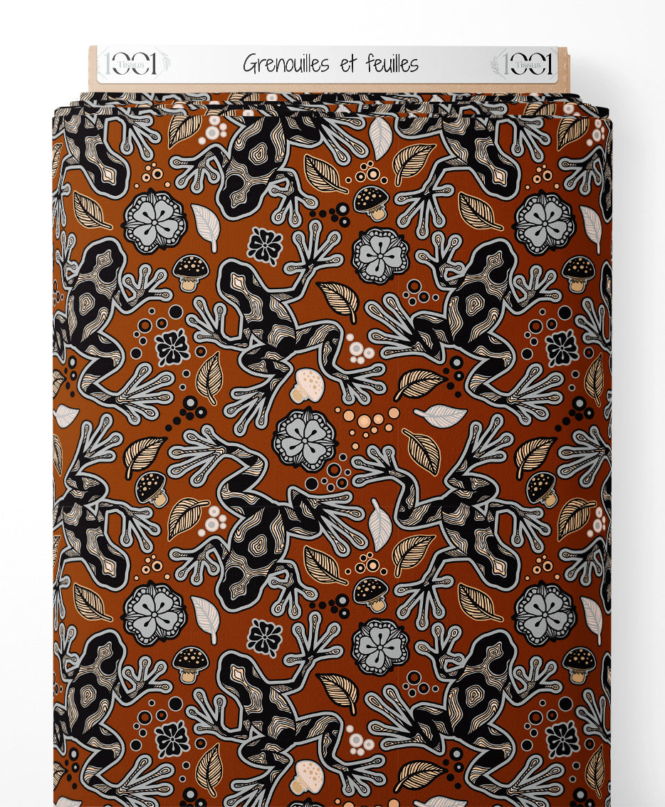 Tissu - Grenouilles et feuilles sur fond