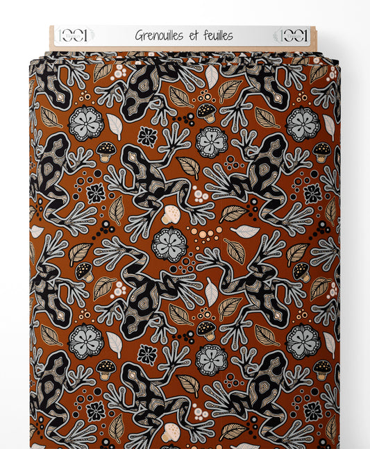 Tissu - Grenouilles et feuilles sur fond