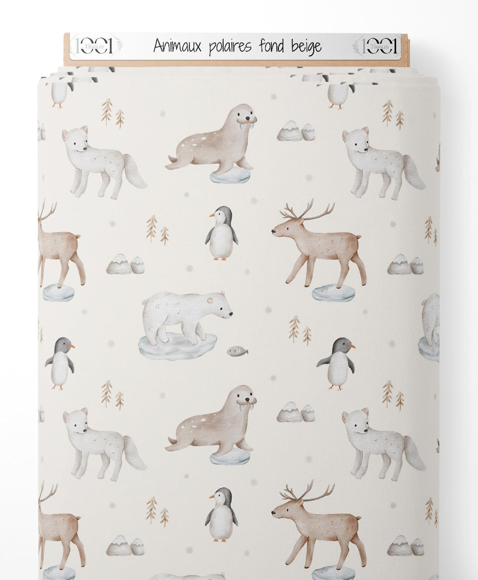 Tissu - Animaux polaires sur fond beige