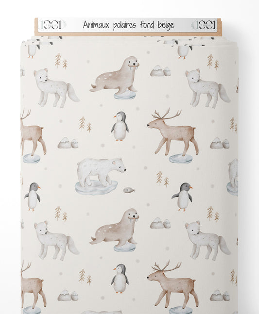 Tissu - Animaux polaires sur fond beige
