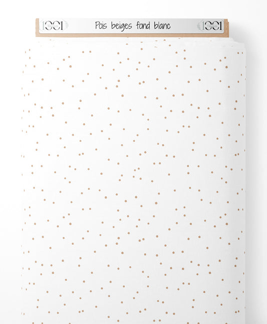 Tissu - Pois beiges sur fond blanc